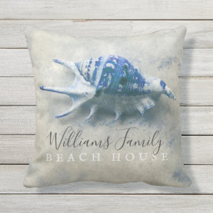 Beach Blue Seashell Family Name Throw Pillow