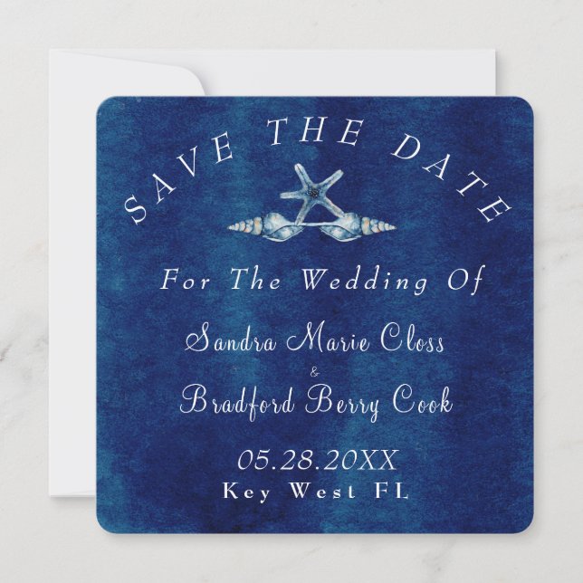 Beach Blue Seashell Navy Blue Watercolor Wedding  Save The Date (Front)