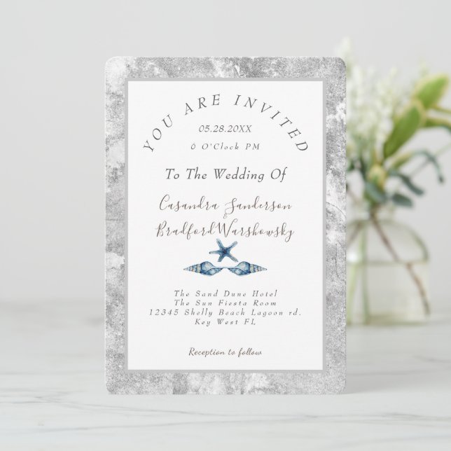 Beach Blue Seashell Silver Gray  Elegant Wedding  Invitation (Standing Front)