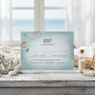 Beach Blue Seashells Meal Choice Wedding RSVP Card