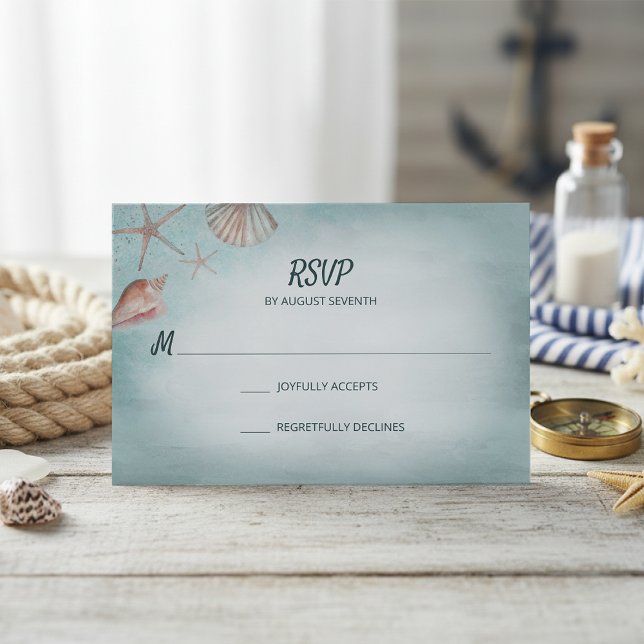 Beach Blue Seashells Watercolor Wedding RSVP Card (Creator Uploaded)