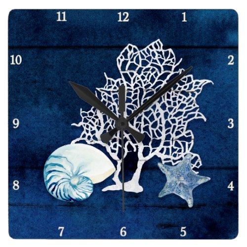 Beach Blue Starfish Nautilus Coral Sea Watercolor Square Wall Clock