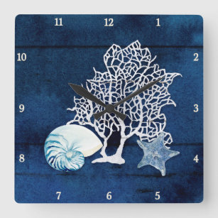 Beach Blue Starfish Nautilus Coral Sea Watercolor Square Wall Clock