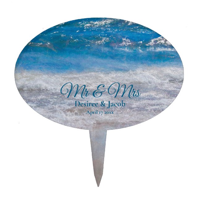 Beach Blue Tropical Ocean Waves Coastal Wedding Cake Topper (Front)