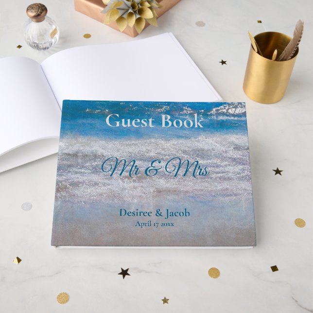 Beach Blue Tropical Ocean Waves Coastal Wedding Guest Book (Front Open)