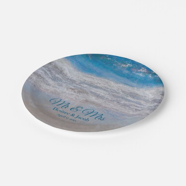 Beach Blue Tropical Ocean Waves Coastal Wedding Paper Plates (Angled)