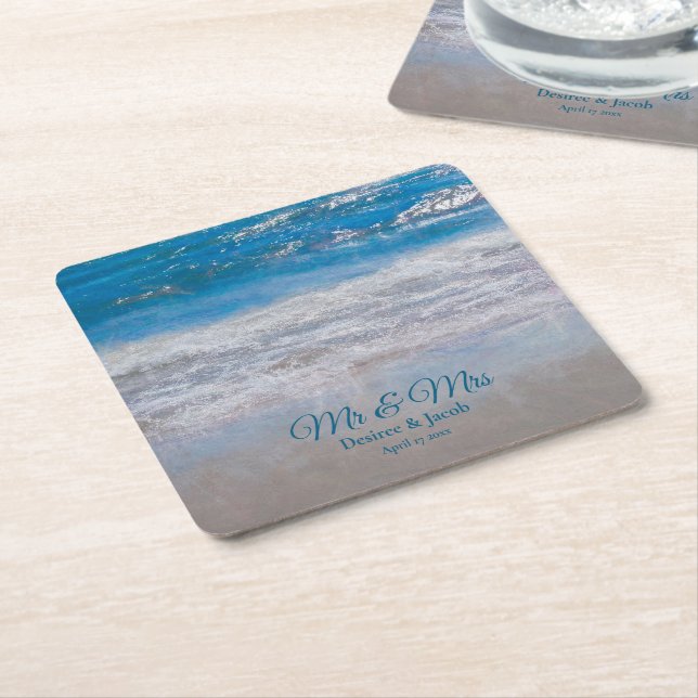 Beach Blue Tropical Ocean Waves Coastal Wedding Square Paper Coaster (Angled)
