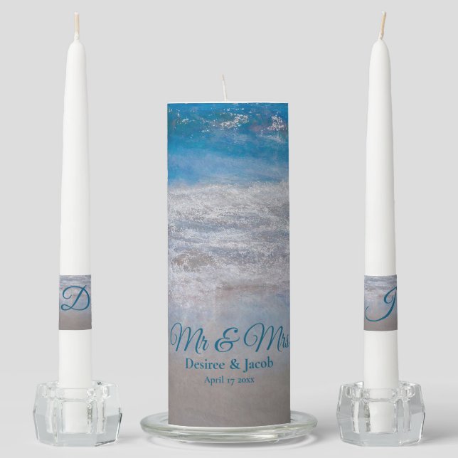 Beach Blue Tropical Ocean Waves Coastal Wedding Unity Candle Set (Front)