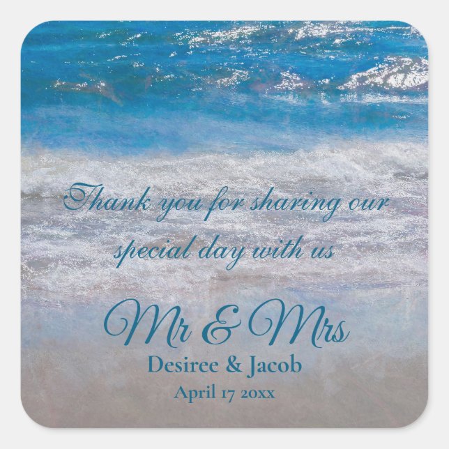 Beach Blue Tropical Wedding Coastal Ocean Waves Square Sticker (Front)