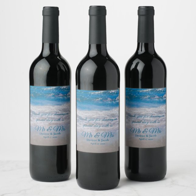 Beach Blue Tropical Wedding Coastal Ocean Waves Wine Label (Bottles)