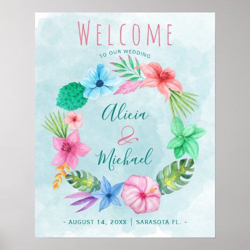 Beach blue tropical wreath wedding welcome sign