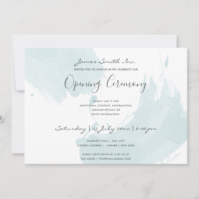 BEACH BLUE WATERCOLOR BRUSHSTROKE OPENING CEREMONY INVITATION (Front)