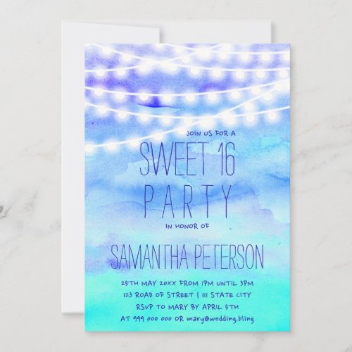 Beach blue watercolor string lights Sweet 16 Invitation