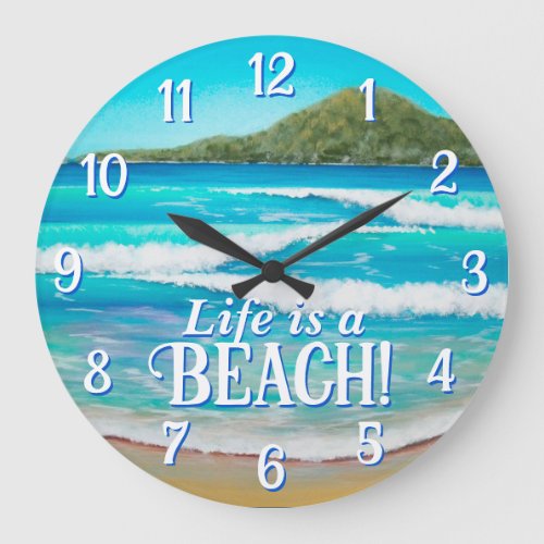 Beach Blue Waves Painting Typography Large Clock