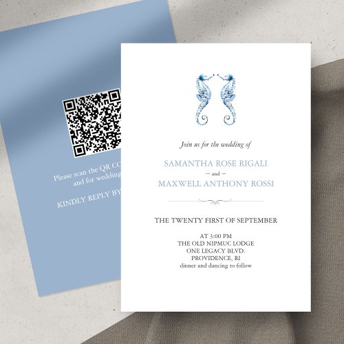 Beach Blue Wedding Invitation with QR Code