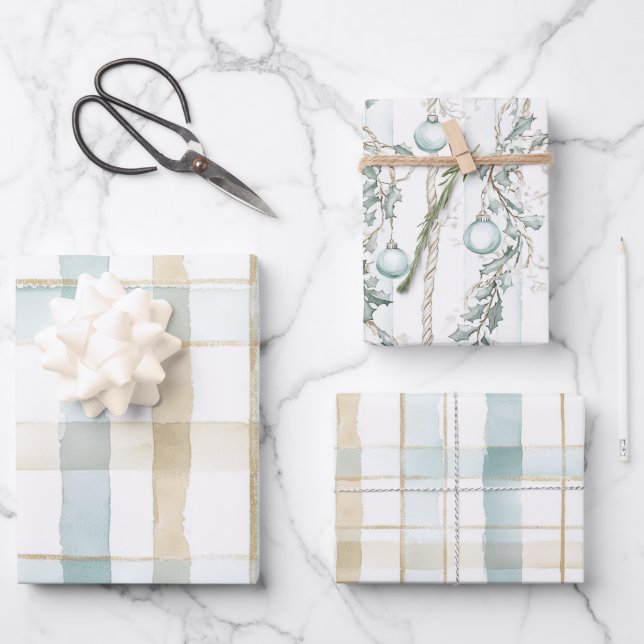 Beach Blue White Cream Plaid Christmas Ornaments Wrapping Paper Sheets (Front)