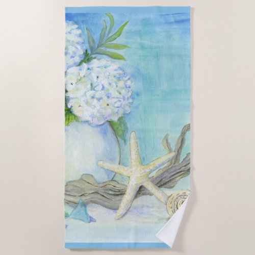 Beach Blue White Seashell Starfish Sea Glass Beach Towel
