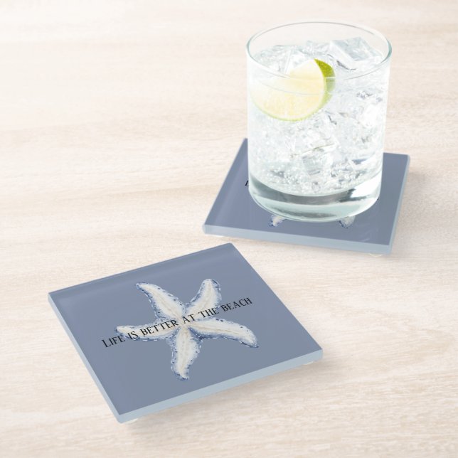 Beach Blue White Starfish Quote Glass Coaster (Angled)