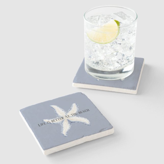 Beach Blue White Starfish Quote Stone Coaster (Side)