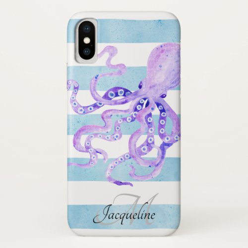 Beach Blue White Striped Watercolor Purple Octopus iPhone X Case