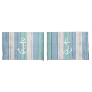 Beach Blue Wood Nautical Stripes & Anchor Pillow Case