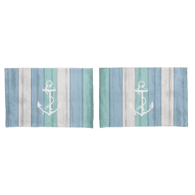 Beach Blue Wood Nautical Stripes & Anchor  Pillow Case (Front-Set)