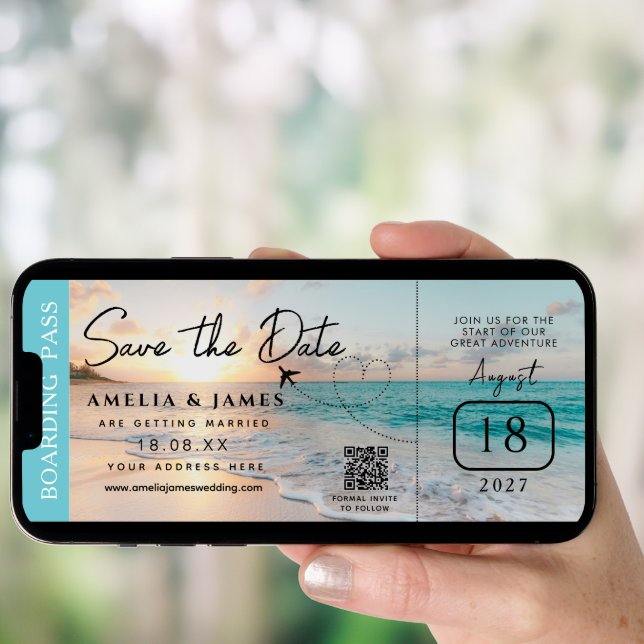 Beach Boarding Pass Save the Date wedding Invitation (Front Digital)