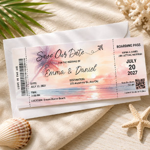 Beach Boarding Pass Save the Date Wedding Palm  Raffle Tickets