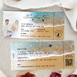 Beach Boarding Pass Wedding Destination QR code In Invitation
