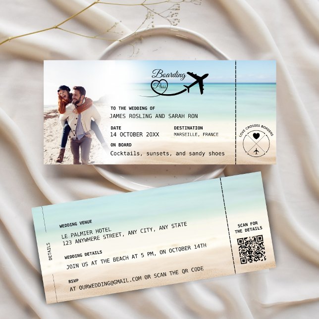 Beach Boarding Pass Wedding Invitation with QR Cod (Creator Uploaded)