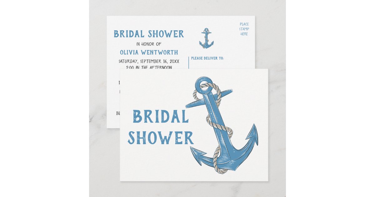 Beach Boat Anchor Blue Nautical Bridal Shower Invitation Postcard | Zazzle