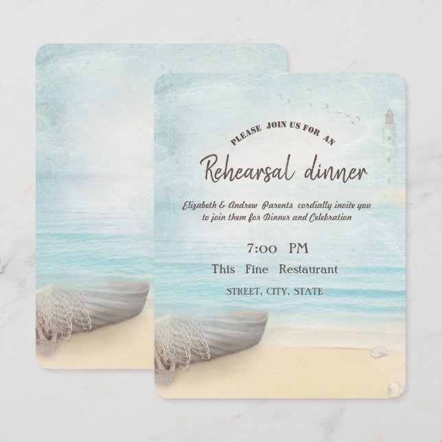Beach Boat Lighthouse Rehearsal Dinner  Invitation (Front/Back)