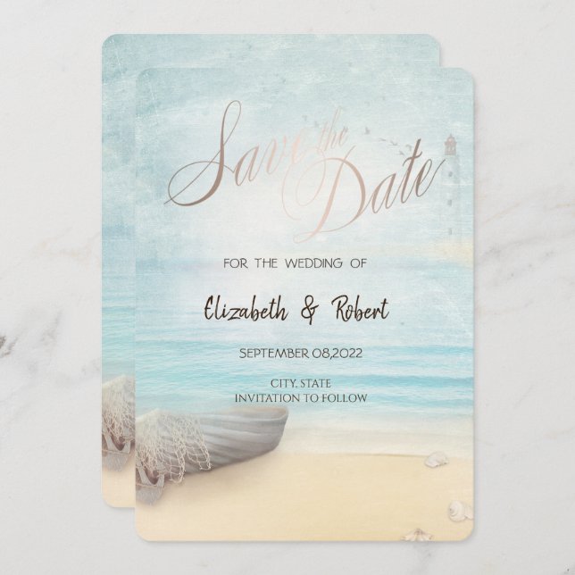 Beach Boat Lighthouse Save The Date (Front/Back)