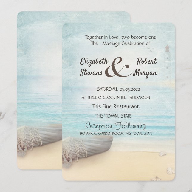 Beach Boat Lighthouse Wedding Invitation (Front/Back)