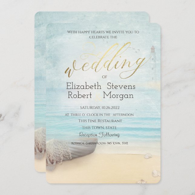 Beach Boat Lighthouse Wedding  Invitation (Front/Back)
