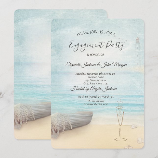 Beach Boat Lighthouse Wine Glass Engagement   Invitation (Front/Back)