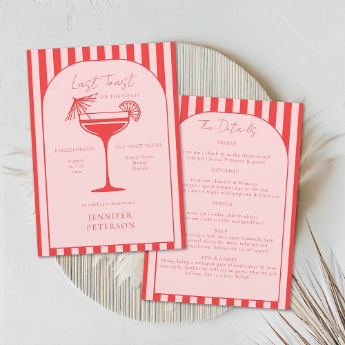 Beach Boho Red Pink Bachelorette Party Itinerary Invitation