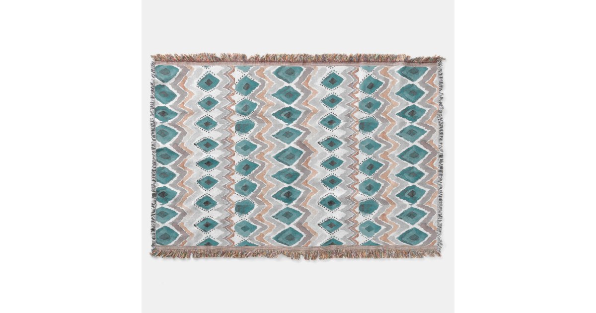 Beach Boho Teal Cream White Diamond Pattern Throw Blanket Zazzle Com