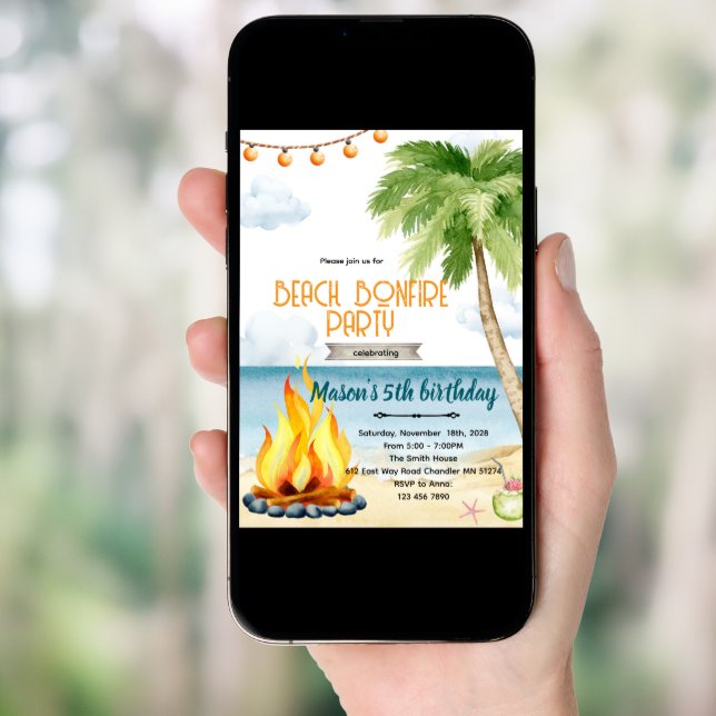 Beach bonfire party theme invitation (Front Digital)