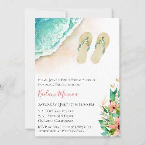 Beach Botanical Flip Flops Bridal Shower Invitation