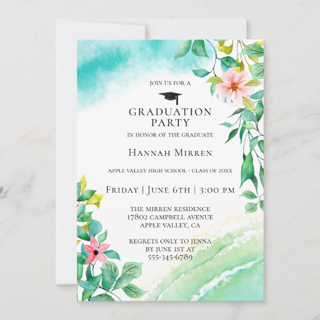 Beach Botanical Graduation Party Invitation (Front)
