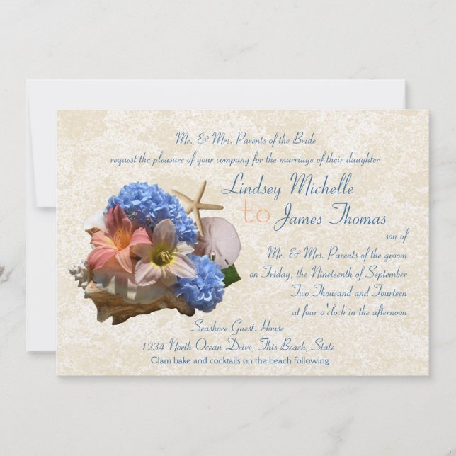 Beach Bouquet and Seashells Destination Wedding Invitation (Front)