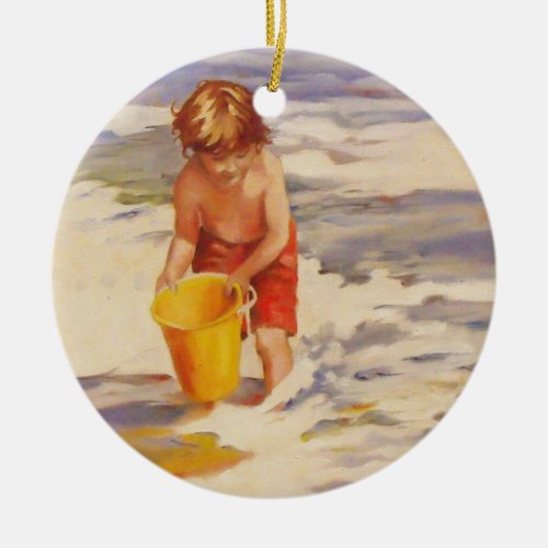 Beach Boy Child in ocean waves Ceramic Ornament