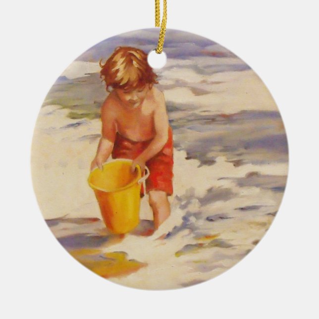 Beach Boy Child in ocean waves Ceramic Ornament (Front)
