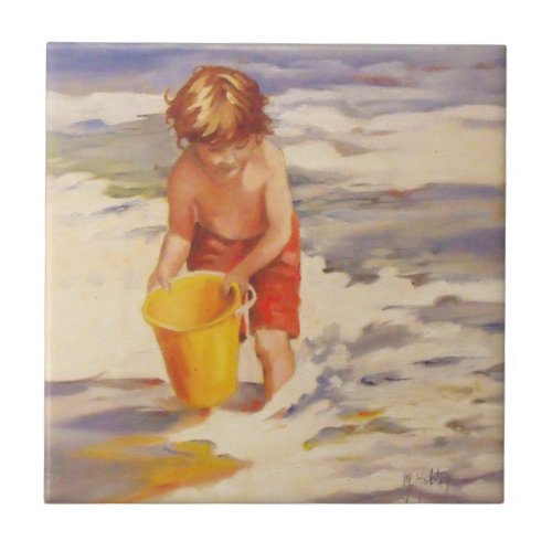 Beach Boy Child in ocean waves Tile