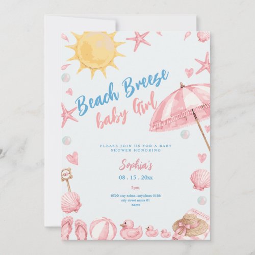 beach breeze girl pink baby shower invitation