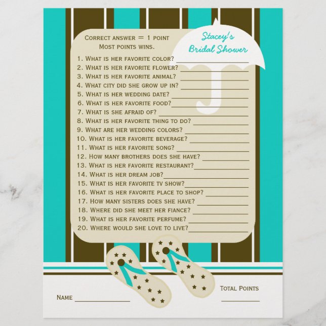Beach Bridal or Wedding Shower Party Game (Front)