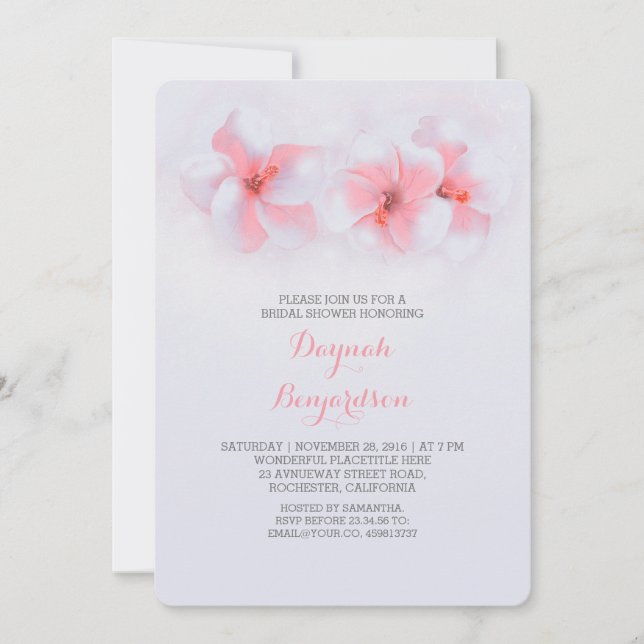 beach bridal shower coral hibiscus flower invitation (Front)