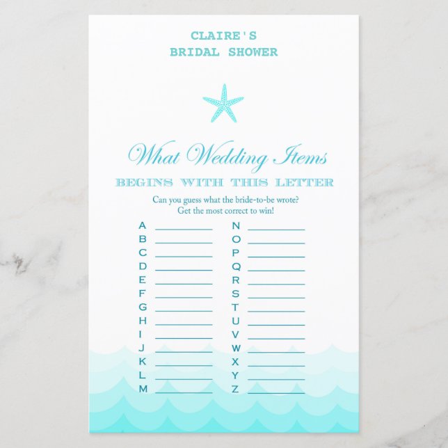 Beach Bridal Shower Game, Nautical, Mermaid (Front)