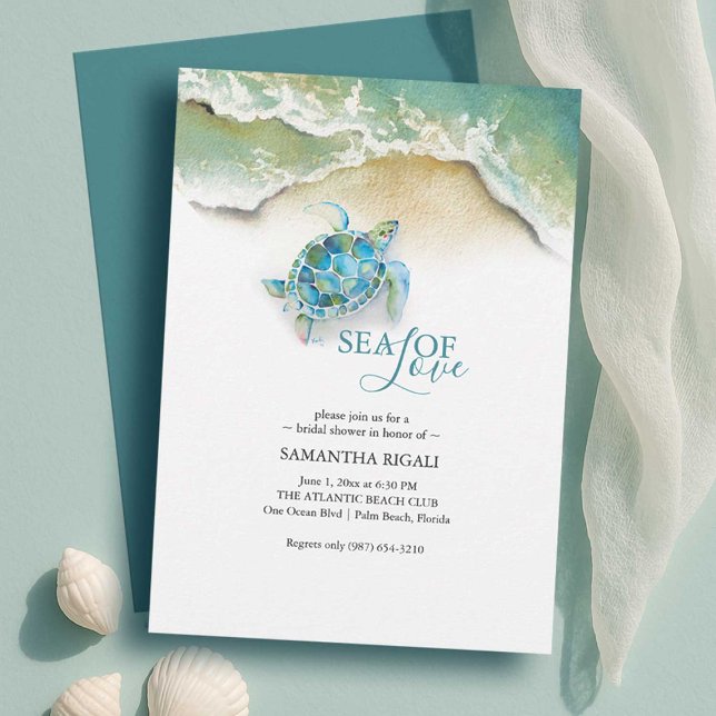 Beach Bridal Shower Invitations | Sea Turtle (classy beach bridal shower invitations with watercolor teal blue sea turtle by dotellabelle)